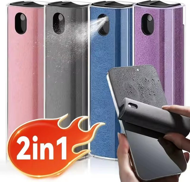 2-in-1 Mikrofaser-Bildschirmreiniger Set mit Sprühflasche und Reinigungstuch in Grau für Smartphone, Tablet, Computer und Brillen - Bild 1
