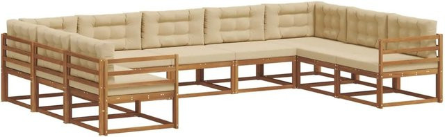 vidaXL Outdoor-Sofagarnitur 9-teilig in U-Form aus Akazienholz mit Kissen, Farbe Natur und Beige - Bild 1