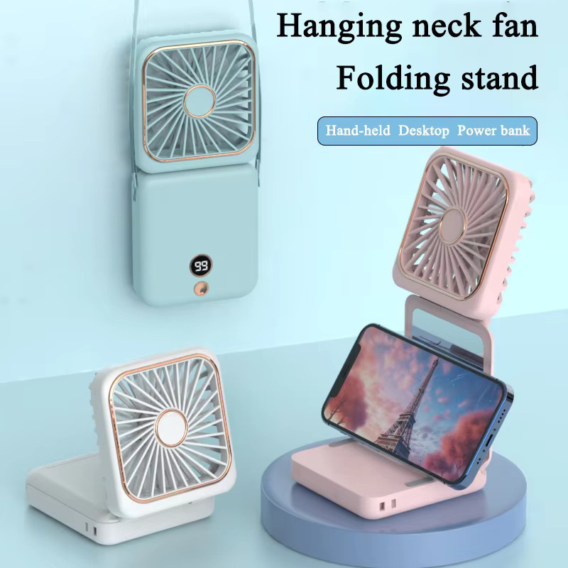 WITZIO 3-in-1 Mini-Ventilator in Pink mit Powerbank und faltbarem Spiegel als Handventilator oder Halsventilator - Bild 1