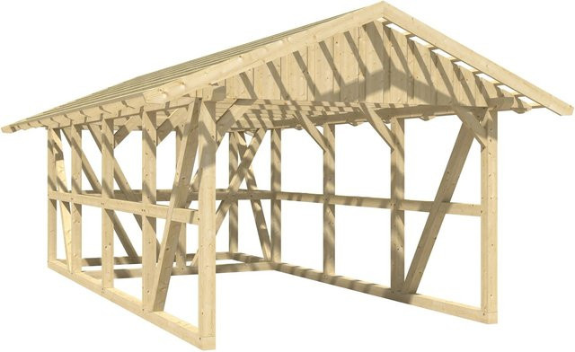 Skan Holz Carport Schwarzwald aus Fichtenholz mit Satteldach, Dachlattung und Abstellraum, Farbe Natur, B: 424 cm, L: 772 cm - Bild 1