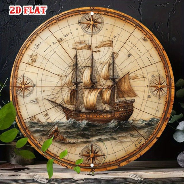 CIFBUY Vintage Nautischer Kompass Metallschild mit Weltkarte als Rahmenlose Aluminium Wandkunst in Multicolour, Breite: 19,81 cm, Höhe: 19,81 cm - Bild 1