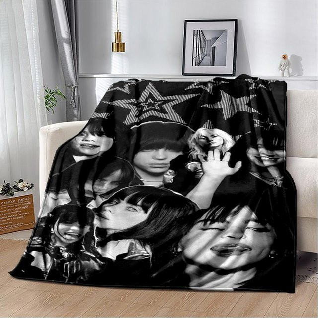 ChenYing01 Flanelldecke mit Billie Eilish Motiv in Schwarz, B/B: 75 x 90 cm - Bild 1