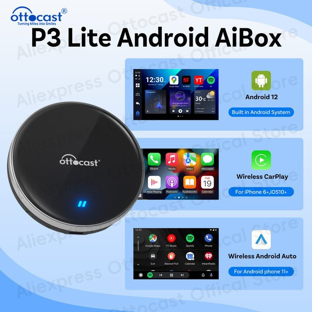 OTTOCAST P3 Lite OttoAiBox Drahtlose CarPlay Android AI Box mit YouTube und TikTok Unterstützung in Schwarz - Bild 1
