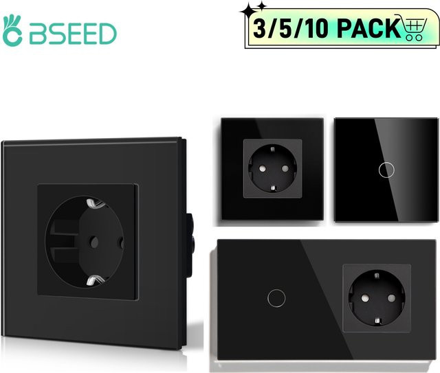 BSEED Kombination aus 1-fach 1-Wege Touch-Lichtschalter und EU-Standard-Steckdose mit schwarzem Glaspanel und blauer Hintergrundbeleuchtung - Bild 1