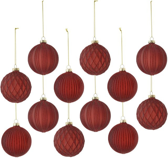 Mömax Christbaumkugel-Set Miracle Dunkelrot, 12-teilig, runde Glaskugeln mit geometrischem Design - Bild 1
