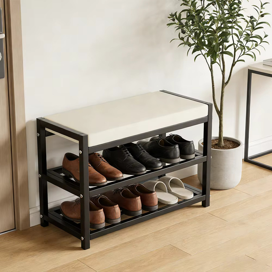 Schuhbank LONENESSL mit Schuhregal und Hocker in Weiß, moderne Sitzbank für den Eingangsbereich mit Stoffbezug und Metallgestell - Bild 3