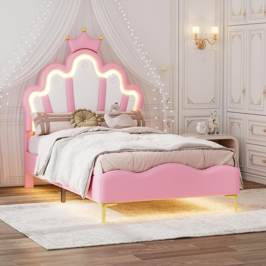 Flieks Polsterbett in Kronen-Design mit LED-Farbwechsel-Licht, weiß, H x B x T: 129 x 90 x 203 cm - Bild 1