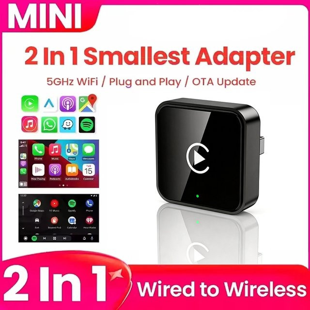 XUDA Super Mini Carplay AI Box 2-in-1 Adapter für kabelloses CarPlay und Android Auto, Schwarz, mit 5GHz WiFi5 - Bild 1
