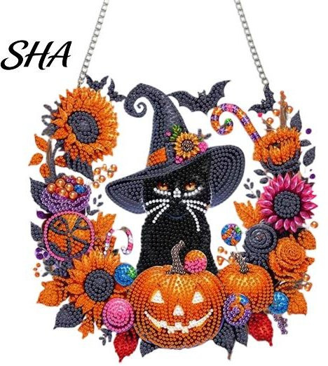 LAIBAOFUBA Diamond Painting Set für Erwachsene Schwarze Katze und Mond in Schwarz als DIY Bastelset für Halloween Fensterdekoration - Bild 1