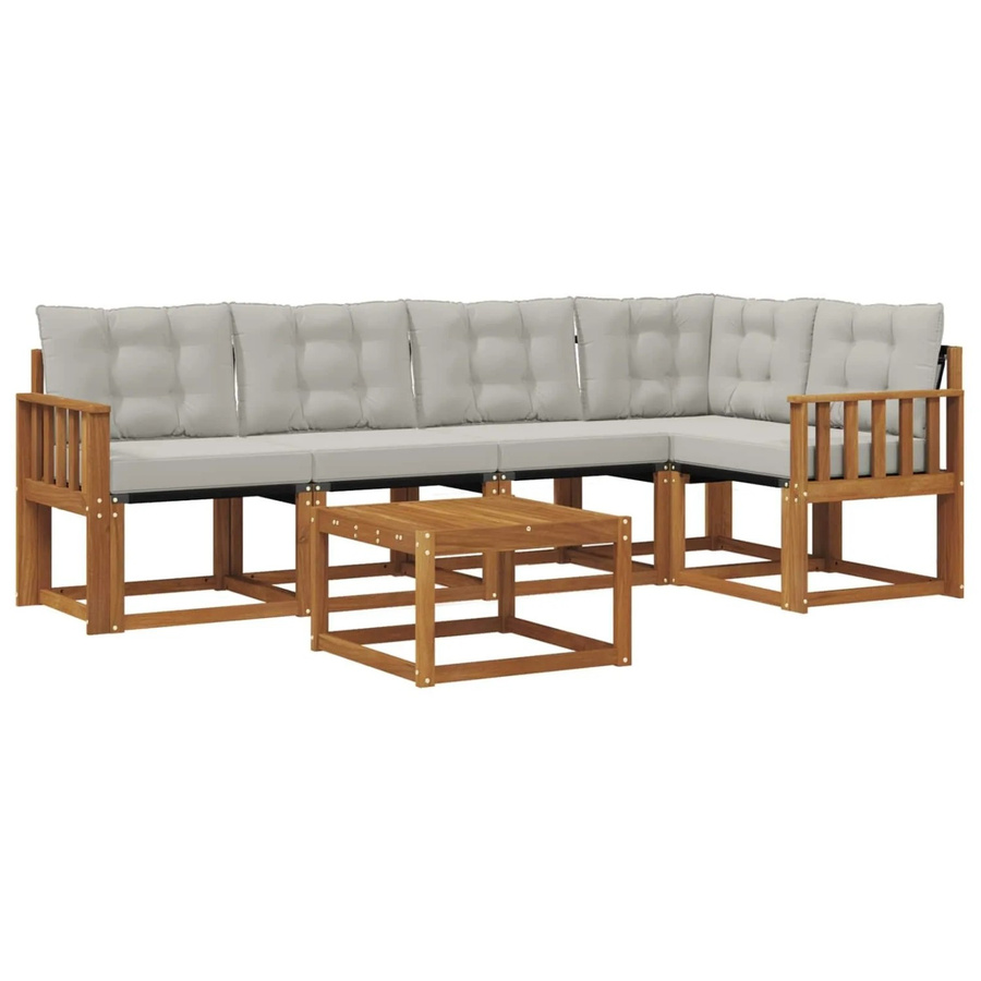 vidaXL Outdoor-Sofagarnitur 6-teilig L-Form aus Akazienholz mit Textilene und Kissen in Beige und Grau - Bild 2