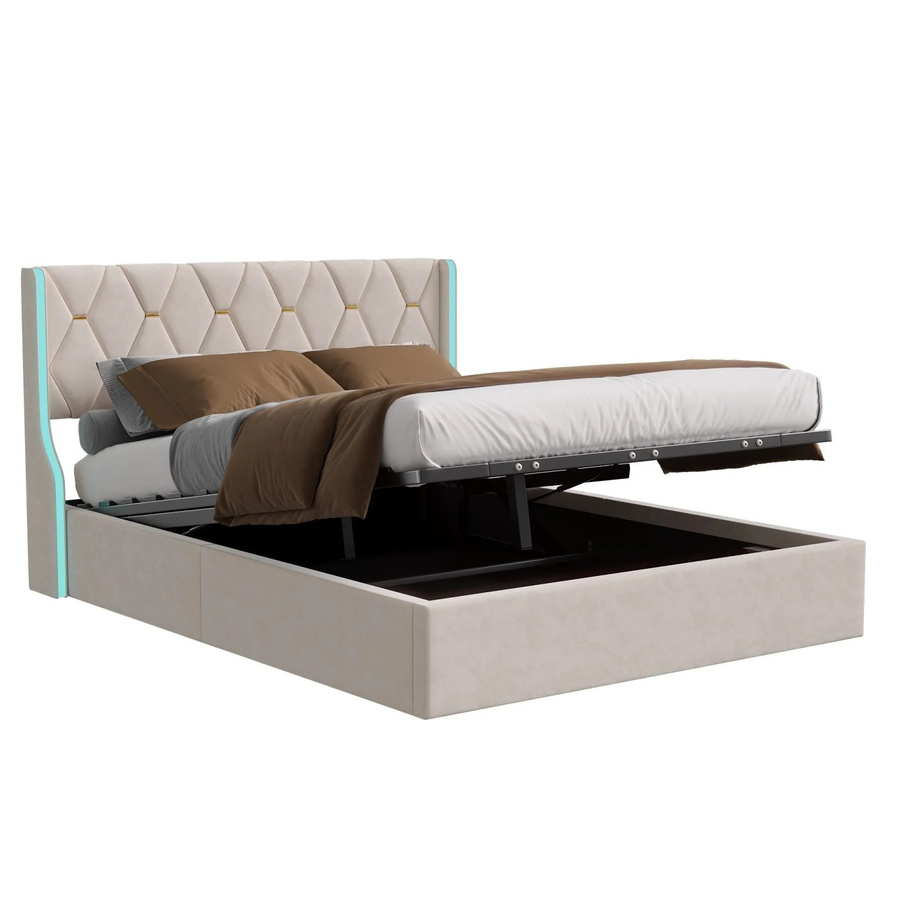 PXloue Bettrahmen mit hydraulischem Stauraum und LED-Beleuchtung aus Samt in Beige, B/T/H: 140 x 200 x 168 cm - Bild 2