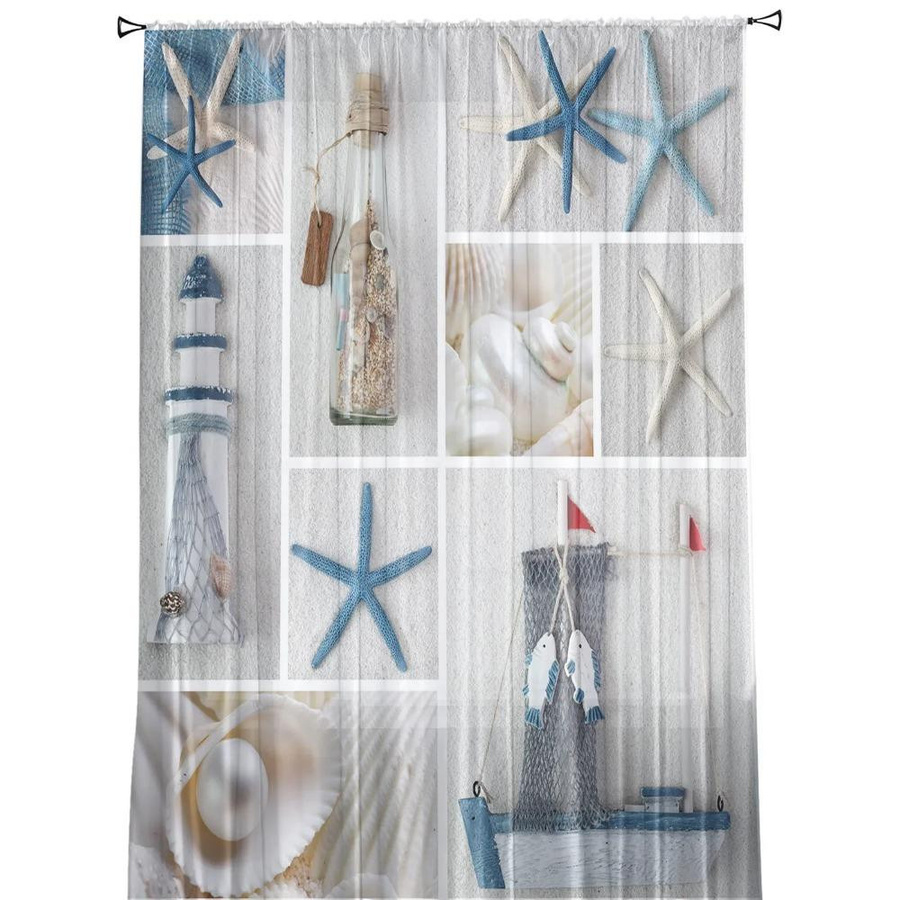 Yiran Furniture Transparente Tüll Vorhänge mit Mittelmeer Leuchtturm und Seestern Design, Chiffon Voile Fensterdekoration, B: 135 cm, H: 115 cm - Bild 2