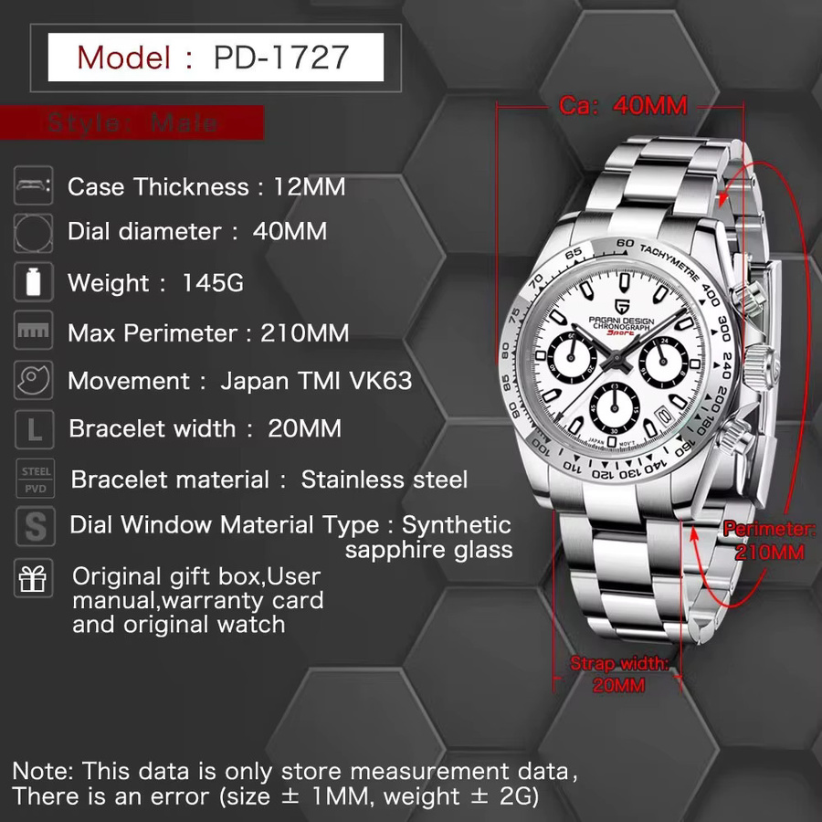 PAGANI DESIGN Chronograph Armbanduhr, Quarz, Edelstahl, 40 mm, Herren, Schwarz - Bild 4