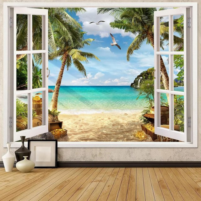 VIKAMA Wandteppich Strandlandschaft mit tropischer Ozeaninsel als Wanddekoration in Mehrfarbig - Bild 1