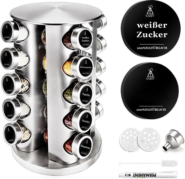 SAEIV Drehbares Gewürzregal-Set mit 12 luftdichten Glasbehältern à 120 ml, 360 Grad Edelstahl-Organizer in Silber und Transparent - Bild 1
