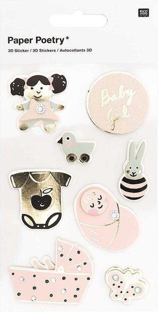 Rico Design Paper Poetry 3D-Sticker Baby Mädchen in Pink und Multicolour, 8 Stück - Bild 1
