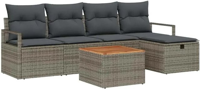 vidaXL Garten-Sofa-Set aus Polyrattan und Akazienholz in Grau, 6-teiliges L-Shape Lounge-Set mit Polsterkissen, Ottoman und Couchtisch inklusive Kissen-Stauraum - Bild 1
