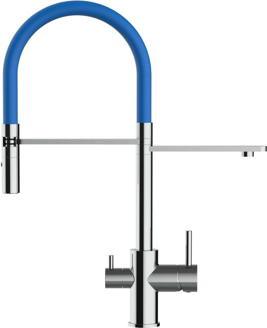 VIZIO Küchenarmatur mit 3-Wege-Funktion, 360° schwenkbarem Auslauf und abnehmbarer 2-Strahl-Handbrause, Verchromt, Blau - Bild 1