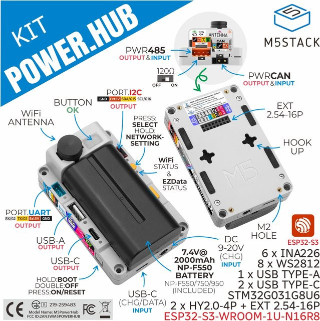 M5Stack PowerHub-Kit mit ESP32-S3, WiFi, NP-F550 2000mAh Akku und Mehrkanal-Stromregler inklusive RS485, CAN und USB OTG - Bild 1