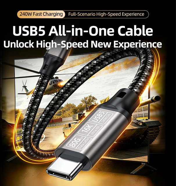 WANJEED USB-C-auf-USB-C-Kabel, 240W 5A Schnellladekabel, 80Gbps Datenübertragung und 16K@60Hz Videoausgabe, geflochten, Schwarz - Bild 1