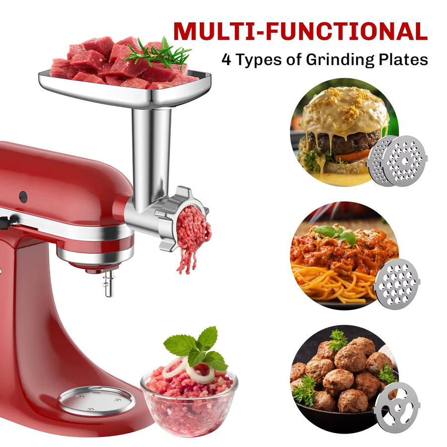 Gvode Metall-Fleischwolf-Aufsatz für KitchenAid Standmixer in Silber mit 4 Mahlplatten, 3 Wurstfüllern und 2 Klingen - Bild 2