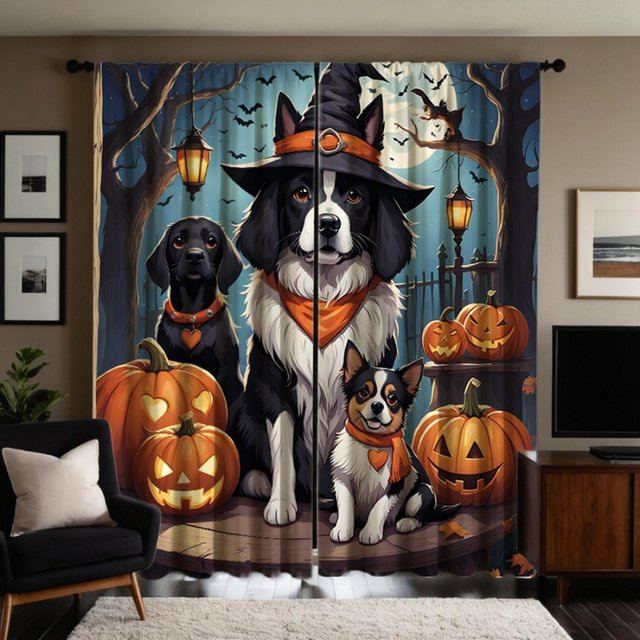 2er Set Halloween Vorhänge mit Hund und Kürbis Motiv, Grau, B: 132 cm, H: 160 cm - Bild 1
