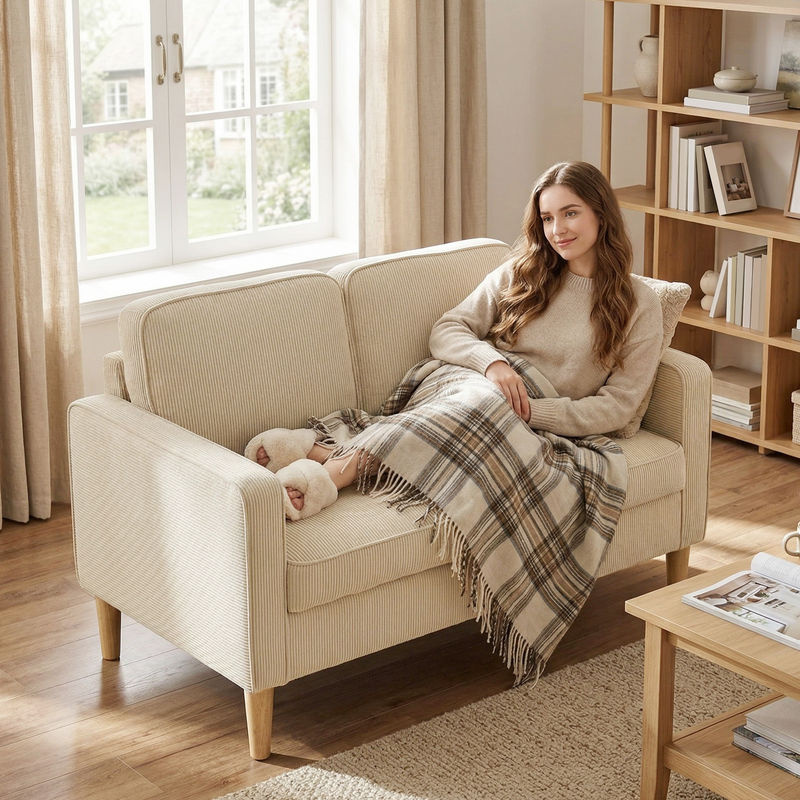HOMCOM 2 Sitzer Sofa aus Cord mit Massivholzfüßen und 2 Wurfkissen, modernes Polstersofa mit Stauraum für Wohnzimmer und Schlafzimmer, Beige, B/T/H: 117 x 63 x 79 cm - Bild 2
