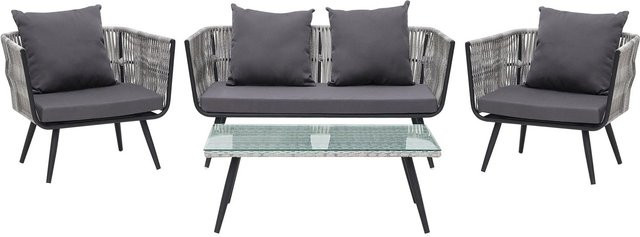 Beliani Sitzgruppe RAGUSA in Grau und Schwarz mit Outdoor-Sofa, Lounge-Sesseln und Couchtisch aus Rattan und Metall, B/T/H: 69 x 156 x 70 cm - Bild 1