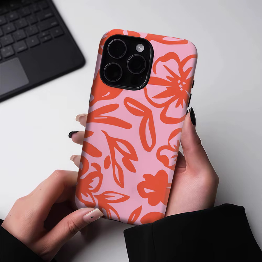Potdemiel Handyhülle mit Blumenmuster in Rosa und Orange für iPhone 17 16 15 14 13 Pro Max Plus, magnetische robuste Doppel-Schicht-Hülle - Bild 3