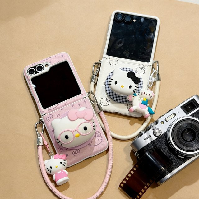Sanrio Hello Kitty Lederhülle für Samsung Galaxy Z Flip 7 6 5 mit magnetischem Grip Tok und MagSafe Wireless Charging in Pink - Bild 1