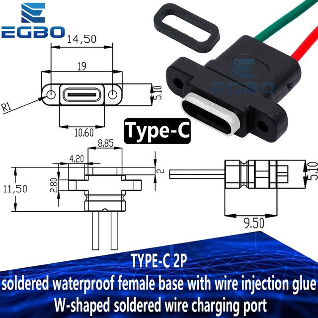 EGBO USB-C Ladeport 2-Pin wasserdichte weibliche Buchse mit W-förmig gelöteten Drähten in Schwarz - Bild 1