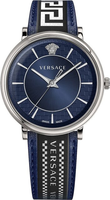 Versace Herrenuhr, Quarz, Edelstahl, Leder, Blau, 42 mm, 5 ATM - Bild 1