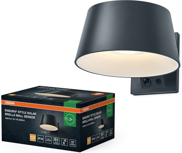 Osram Endura Style Solar LED Wandleuchte Brella in Schwarz mit 10,1W, 930 lm, 3000K warmweiß, PIR- und Dämmerungssensor, IP54 - Bild 1