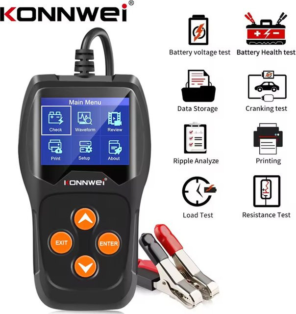 KONNWEI KW600 Batterietester für Auto und Motorrad, 12V Batterieanalysator mit 100 bis 2000 CCA, Schnellstart- und Ladeprüfgerät, Schwarz - Bild 1