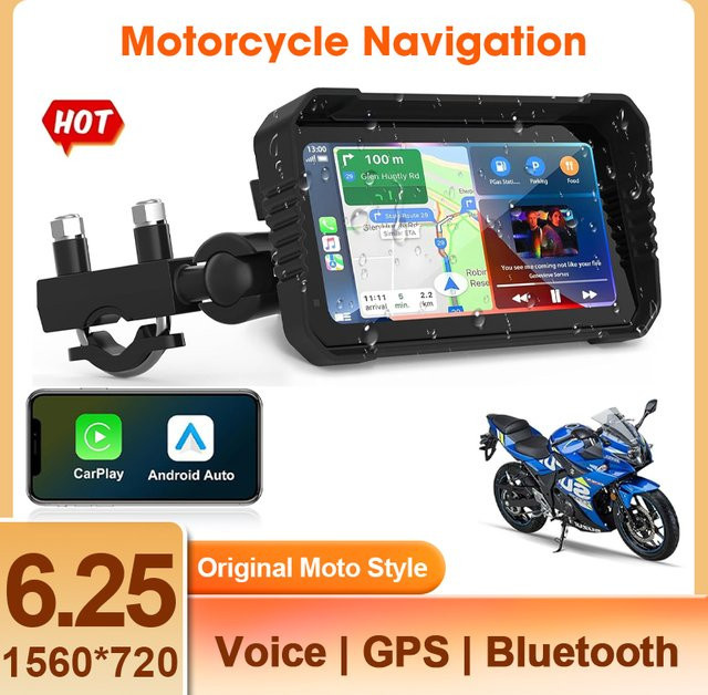 JMCQ Tragbares IPX7 Wasserdichtes Motorrad GPS Navigationssystem mit Dual Kamera DVR und Carplay Bildschirm in Schwarz - Bild 1