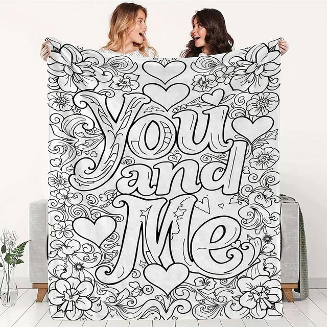 Du und Ich Blumen-Ausmal-Decke von JMG Household Supplies, DIY Flanell-Kuscheldecke mit floralem Design, Farbe: Weiß, B x T: 100 x 70 cm - Bild 1