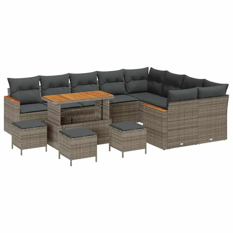 vidaXL Garten-Sofa-Set aus Polyrattan in Grau mit 13-teiliger Polstergarnitur inklusive Kissen, Ottomane und Couchtisch - Bild 2