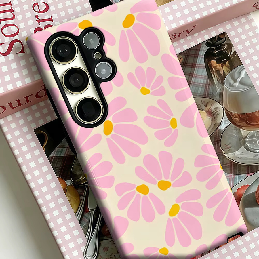 Stoßfeste Doppelschicht Handyhülle mit Gänseblümchen-Design für Samsung Galaxy S25 Ultra, S24 und S23 Ultra Plus in Pastellrosa - Bild 3