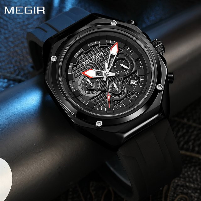 MEGIR Chronograph Armbanduhr, Quarz, Silikon, Blau, Herren, 3 ATM - Bild 1