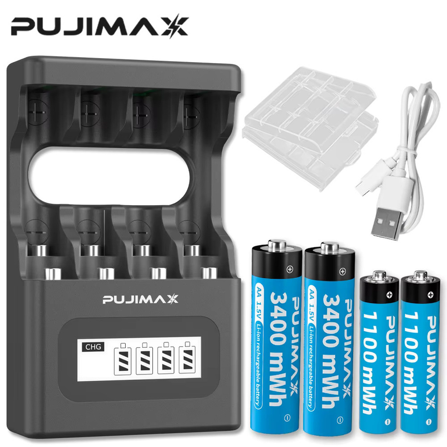 PUJIMAX Lithium-Ionen-Akku Set mit Ladegerät: AA 1,5 V 3400 mWh und AAA 1100 mWh für Radiowecker, Videospiele und Digitalkameras - Bild 3