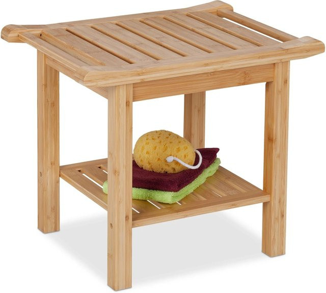 Relaxdays Badhocker aus Bambus in Natur mit Griffen und Ablage, B/T/H: 45 x 55 x 40,5 cm - Bild 1