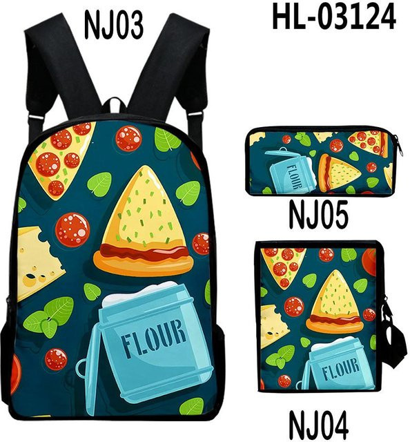 Schulranzen-Set im Harajuku-Stil mit 3D-Lebensmitteldruck bestehend aus Laptop-Rucksack, Umhängetasche und Federmäppchen in Braun und Multicolour aus Polyester - Bild 1