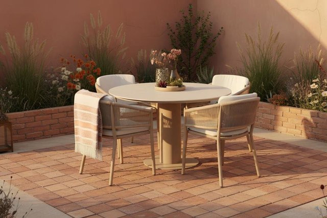 Hartman Shades of Colour Girona/Altea Garten-Essgruppe in Cappuccino/Beige mit 4 Sesseln, runder Tisch aus Aluminium, Keramik und Rope-Geflecht, Durchmesser: 120 cm - Bild 1