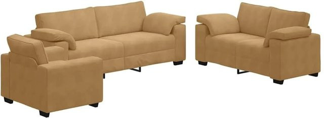 vidaXL 3-teilige Sofagarnitur mit Kissen in Braun aus Samt bestehend aus 3-Sitzer-Sofa, 2-Sitzer-Sofa und Sessel - Bild 1