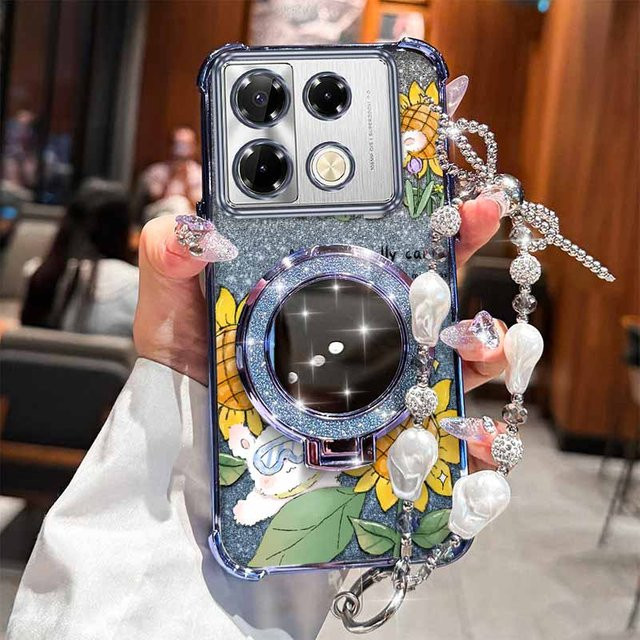 Infinix Note 40 Pro Happy Rabbit Handyhülle mit Plating Ständer und Lanyard in Schwarz und Multicolour - Bild 1
