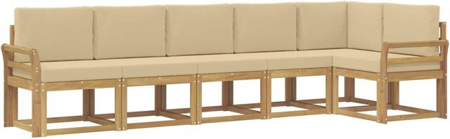 vidaXL Outdoor-Sofagarnitur 6-teilig L-Form aus Akazienholz mit Kissen in Weiß und Beige - Bild 1