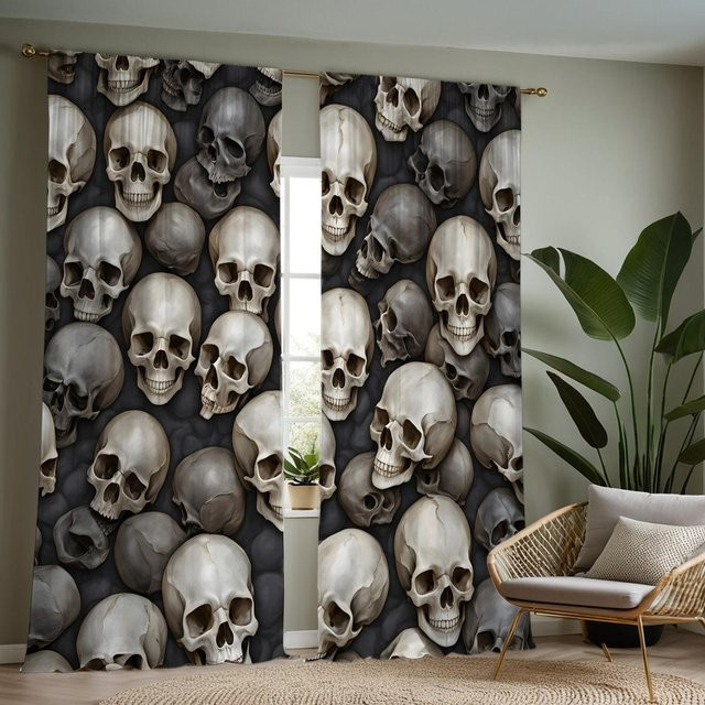 2er-Set MH Dekovorhang mit Schädel-Motiv, Weiß, B: 132 cm, H: 160 cm - Bild 1