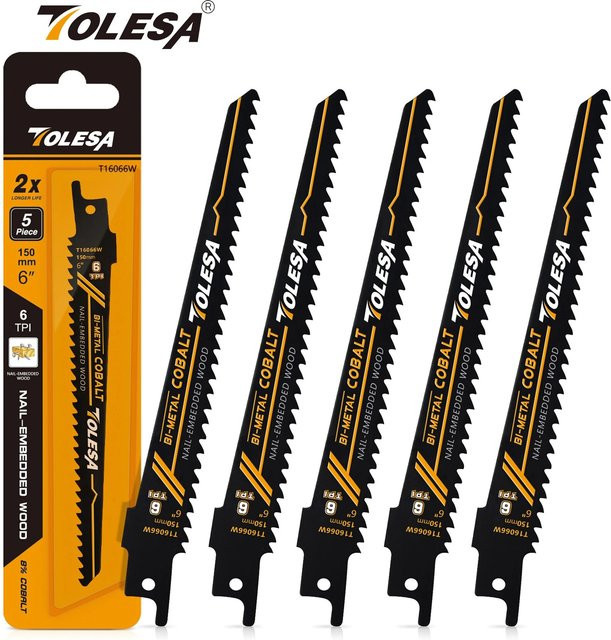 Tolesa 5-teiliges Sägeblatt-Set für Stichsägen aus Bimetall mit Kobalt für Holzfenster und Türen, 6 TPI, Schwarz - Bild 1