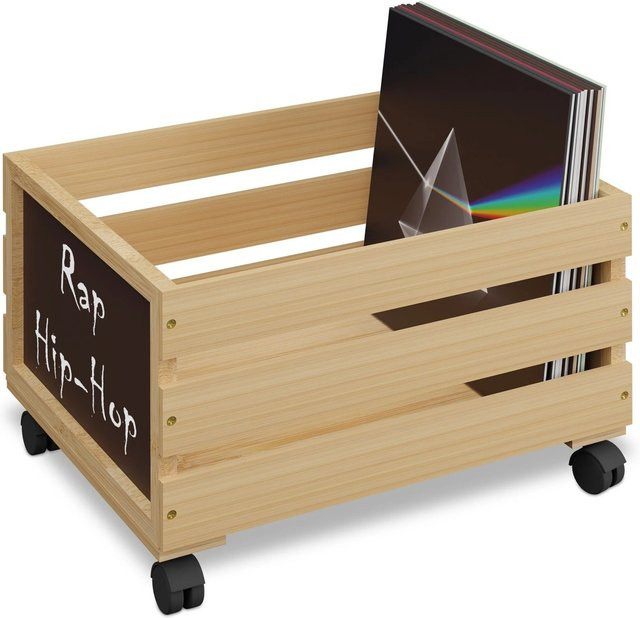 Relaxdays Schallplattenkiste aus Bambus mit Rollen in Schwarz, B/T/H: 43 x 27 x 34 cm - Bild 1