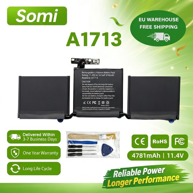 Apple A1713 Ersatzakku für MacBook Pro 13 Zoll A1708 (2016-2017) EMC 2978 EMC 3164 MLL42LL, Schwarz - Bild 1